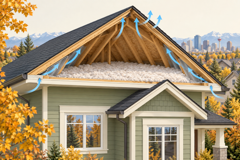 Conceptual cutaway illustration of attic insulation and airflow channels at the eaves of a Calgary home