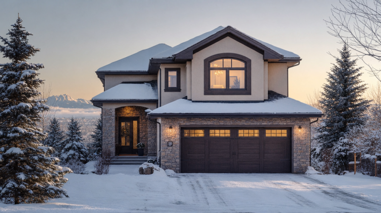 Two-storey Calgary home with a bonus room above the attached garage, snow on the roof and driveway at winter dusk with the Rocky Mountains in the distance
